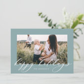 Kerstdusty blauw 1 foto botanisch script feestdagenkaart (Staand voorkant)