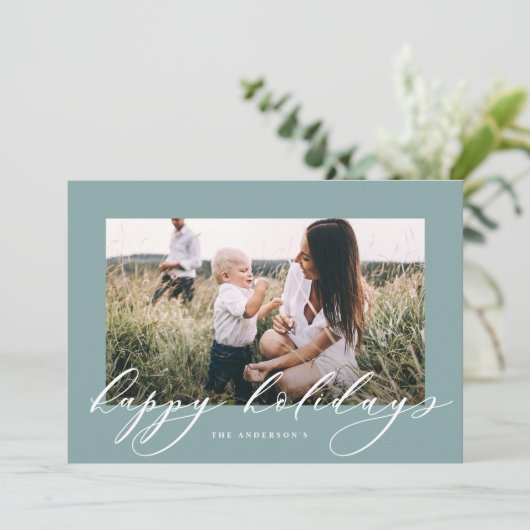 Kerstdusty blauw 1 foto botanisch script feestdagenkaart (Staand voorkant)