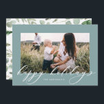 Kerstdusty blauw 1 foto botanisch script feestdagenkaart<br><div class="desc">Moderne,  minimale bladzijden met prettige feestdagen zilveren effect kerstkaart met kerstmis. Met de hand geschilde eucalyptus,  een minimale bladermassa en een moderne rustige rivierkreet geven deze vakantiekaart een luxueus gevoel. In de klas groenen,  browsen en grays.</div>