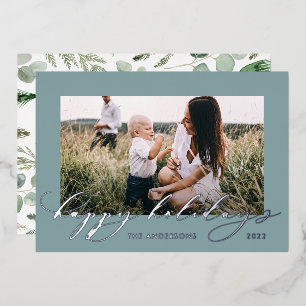 Kerstdusty blauw 1 foto botanisch script folie feestdagenkaart