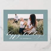 Kerstdusty blauw 1 foto botanisch script folie feestdagenkaart (Voorkant)