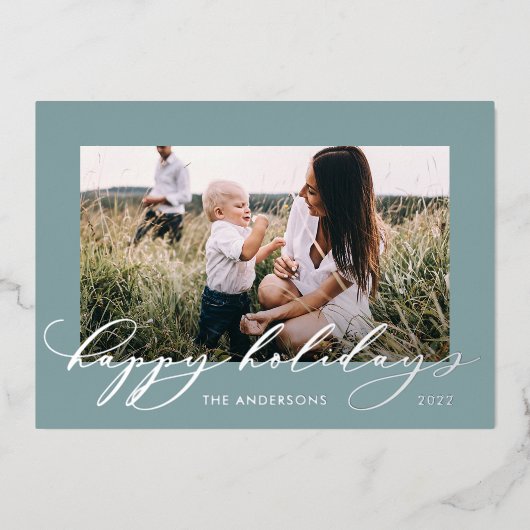 Kerstdusty blauw 1 foto botanisch script folie feestdagenkaart (Voorkant)