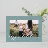 Kerstdusty blauw 1 foto botanisch script folie feestdagenkaart (Staand Voorkant)