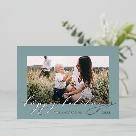 Kerstdusty blauw 1 foto botanisch script folie feestdagenkaart (Staand Voorkant)