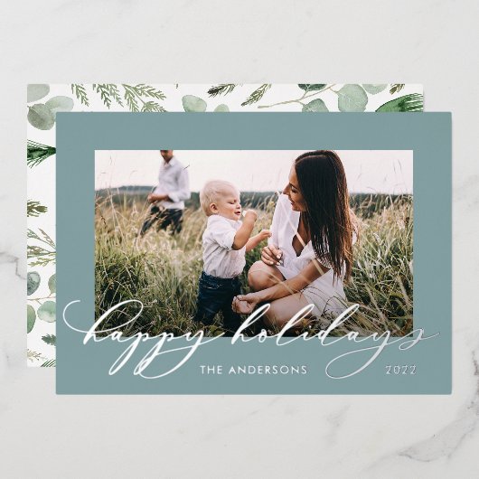 Kerstdusty blauw 1 foto botanisch script folie feestdagenkaart (Voorkant / Achterkant)