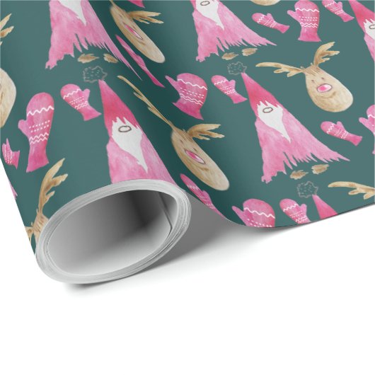 Kerstdwergen en rendieren met roze handschoenen cadeaupapier (Rol Hoek)
