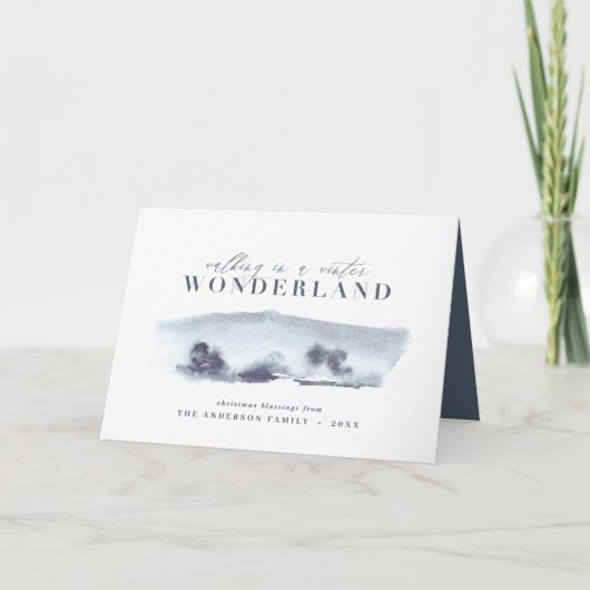 Kerstelegante blauwe waterverf winterscène kaart (Voorkant)