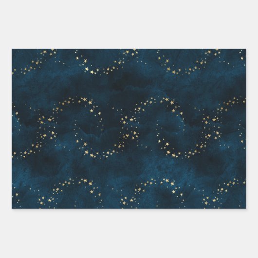Kerstelegante luxe gouden sterren patroon blauw inpakpapier vel (Voorkant)