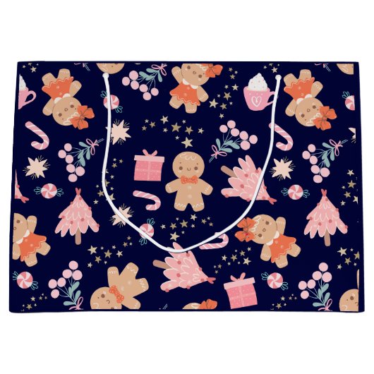 Kerstelementen op Navy Blue Groot Cadeauzakje (Voorkant)