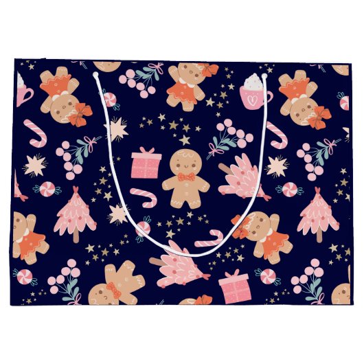 Kerstelementen op Navy Blue Groot Cadeauzakje (Achterkant)