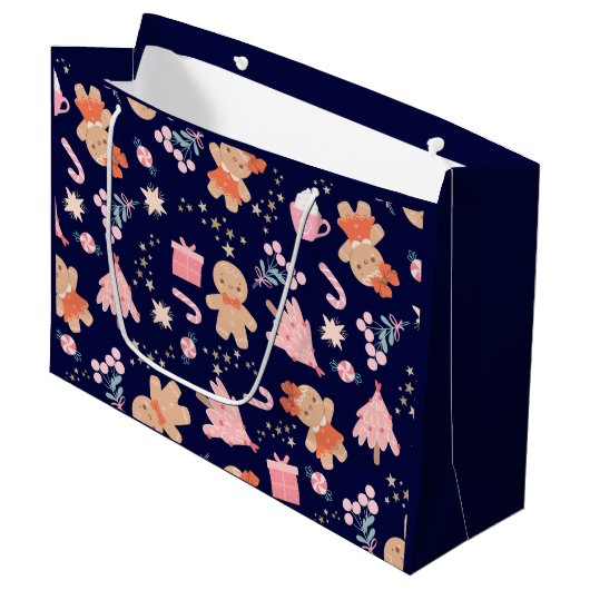 Kerstelementen op Navy Blue Groot Cadeauzakje (Voorkant Gekanteld)