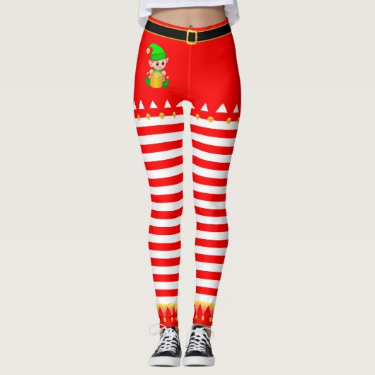 Kerstelf & Bellen op Rood Wit Gestreept Leggings (Voorkant)