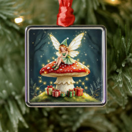 Kerstelf bovenop een paddestoel cottage core metalen ornament