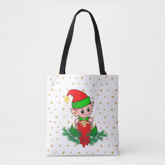 Kerstelf, dennen, poinsettia en sterren tote bag (Voorkant)