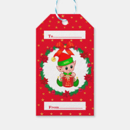 Kerstelf, dennenkrans, poinsettia's en sterren cadeaulabel
