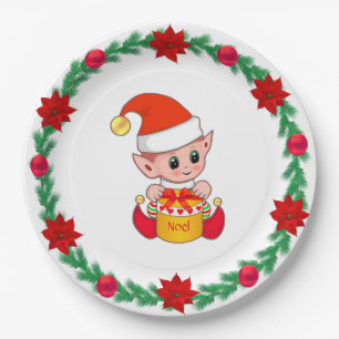 Kerstelf, dennenkrans, poinsettia's & kerstballen  papieren bordje