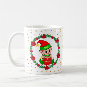 Kerstelf, dennenkrans, poinsettia's & sterren koffiemok