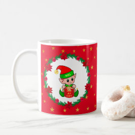 Kerstelf, dennenkrans, poinsettia's & sterren koffiemok