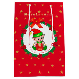 Kerstelf, dennenkrans, poinsettia's & sterren medium cadeauzakje