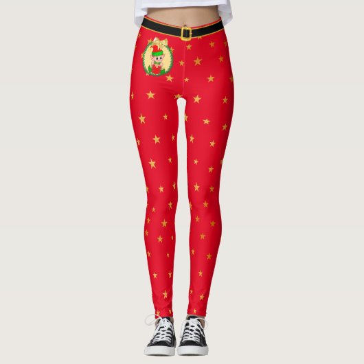 Kerstelf, dennenkrans & sterren op rood leggings (Voorkant)