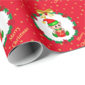 Kerstelf, dennenkruid, poinsettias en sterren cadeaupapier (Rol Hoek)