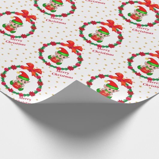 Kerstelf, dennenkruid, poinsettias en sterren cadeaupapier (Hoek)