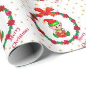 Kerstelf, dennenkruid, poinsettias en sterren cadeaupapier (Rol Hoek)