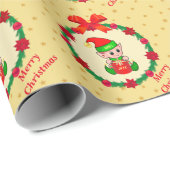 Kerstelf, dennenkruid, poinsettias en sterren cadeaupapier (Rol Hoek)