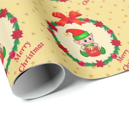 Kerstelf, dennenkruid, poinsettias en sterren cadeaupapier (Rol Hoek)