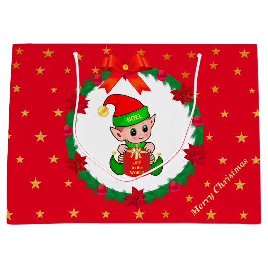 Kerstelf, dennenkruid, poinsettias en sterren groot cadeauzakje (Voorkant)