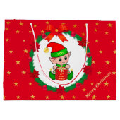 Kerstelf, dennenkruid, poinsettias en sterren groot cadeauzakje (Achterkant)