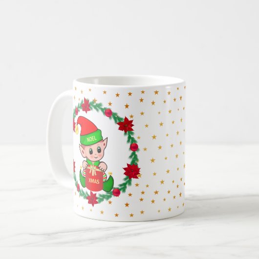 Kerstelf, dennenkruid, poinsettias en sterren koffiemok (Voorkant links)