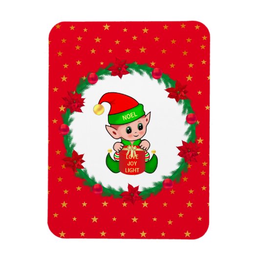 Kerstelf, dennenkruid, poinsettias en sterren magneet (Verticaal)