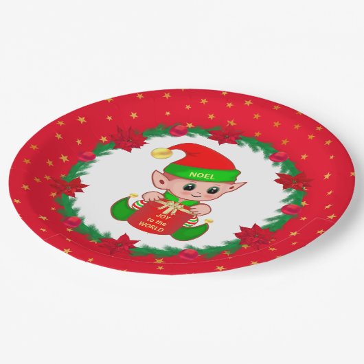 Kerstelf, dennenkruid, poinsettias en sterren papieren bordje (Gekanteld)