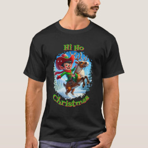Kerstelf die op een rendier rijdt in cowboy stijl t-shirt