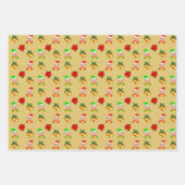 Kerstelf en bellen op gouden witte strepen inpakpapier vel (Voorkant)