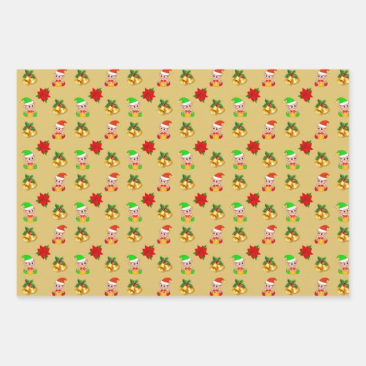 Kerstelf en bellen op gouden witte strepen inpakpapier vel (Voorkant)