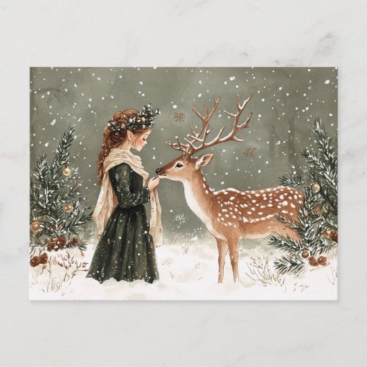 Kerstelf en hert winter briefkaart (Voorkant)