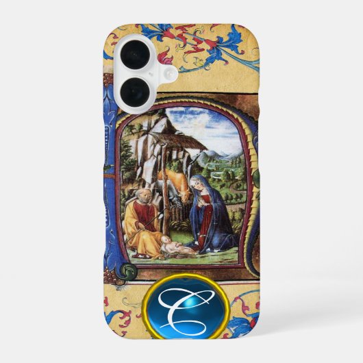 KERSTELF GEBOORTE PERKAMENT BLAUWE EDELE STEEN MON iPhone 16 HOESJE (Achterkant)