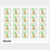 Kerstelf, groen, rood & wit gestreepte rand vierkante sticker (Vel)