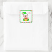 Kerstelf, groen, rood & wit gestreepte rand vierkante sticker (Tas)
