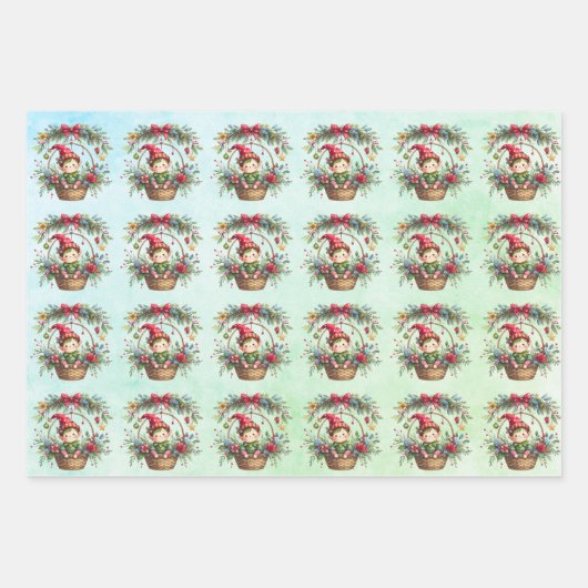 Kerstelf in een bloemenmand inpakpapier vel (Voorkant 2)