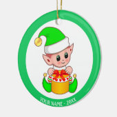 Kerstelf in het groen & eigen naam keramisch ornament (Links)