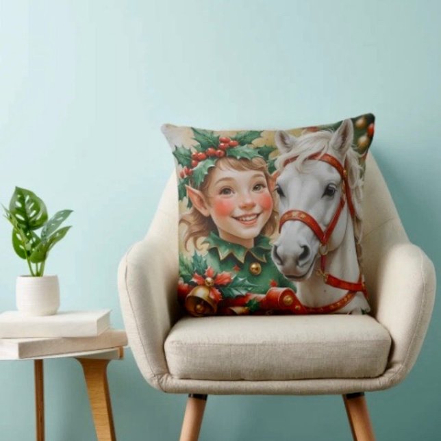 Kerstelf met belletjes hulst en paard kussen (Throw Pillow 100% polyester heavyweight stretch material. Hidden zipper Made in the USA.
)