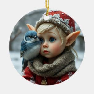 Kerstelf met Blauwe Vogel Keramisch Ornament