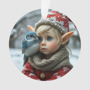 Kerstelf met blauwe vogel ornament