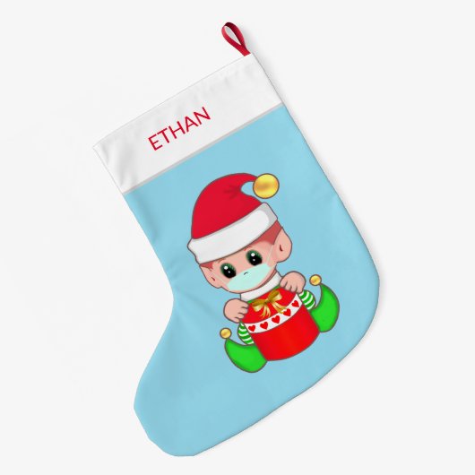 Kerstelf met gezichtsmasker op lichtblauw grote kerstsok (Achterkant (Hangend))