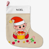 Kerstelf met kerstballen op beige grote kerstsok (Voorkant)