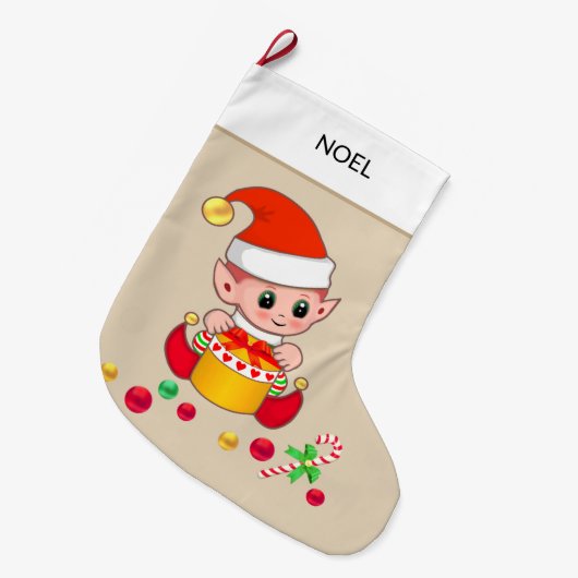 Kerstelf met kerstballen op beige grote kerstsok (Voorkant (Hangend))