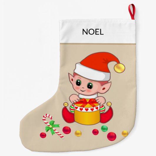 Kerstelf met kerstballen op beige grote kerstsok (Achterkant)